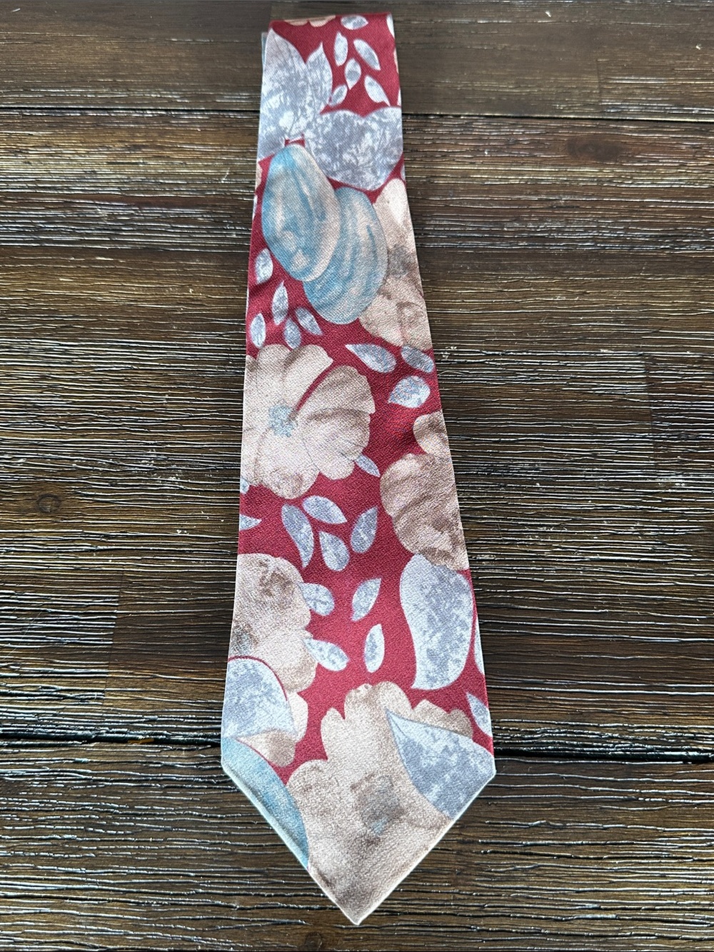 Karl Lagerfeld Red Silk Tie with Blue and Beige Floral Motif